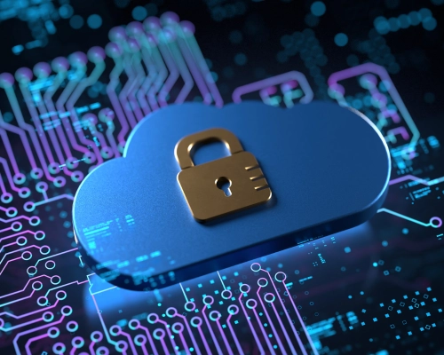 A lock on a blue cloud with a chip as background