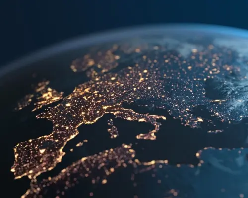 CE mark Europe illuminated from space in the dark