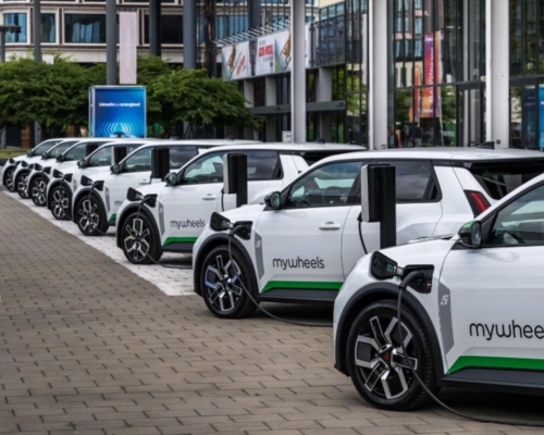 Parked electric cars at the charging stations