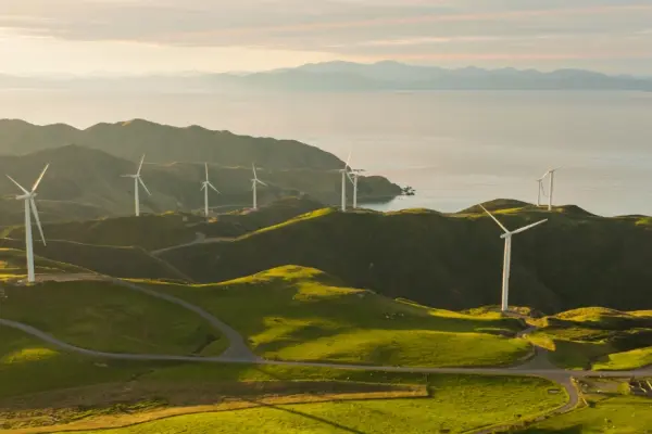 wind power turbine on land close to the sea