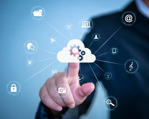 man points to a cloud with a network