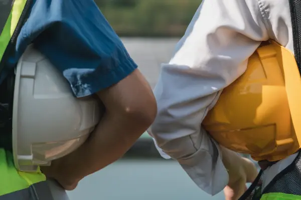 two construction workers side by side with helmet in hand