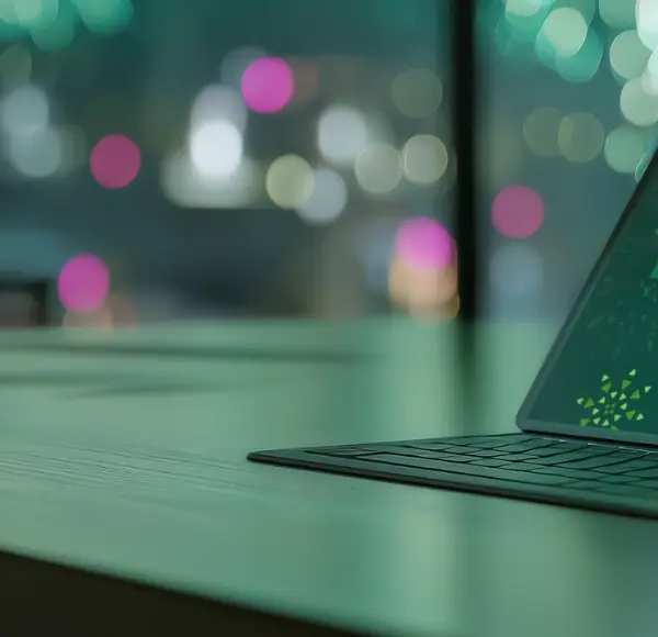 Een tablet met DEKRA 100 jaar op het scherm op bureau met vuurwerk op de achtergrond