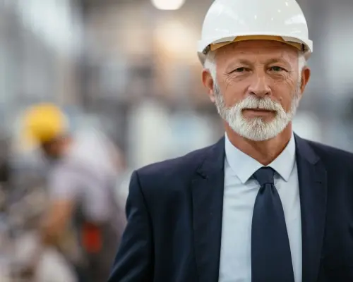 Process safety advice Manager wearing a helmet in an industrial work environment