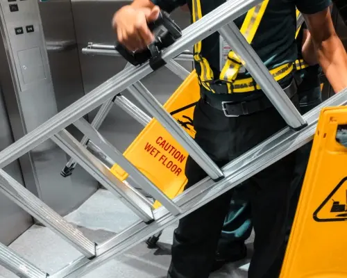 Safety worker holding a ladder