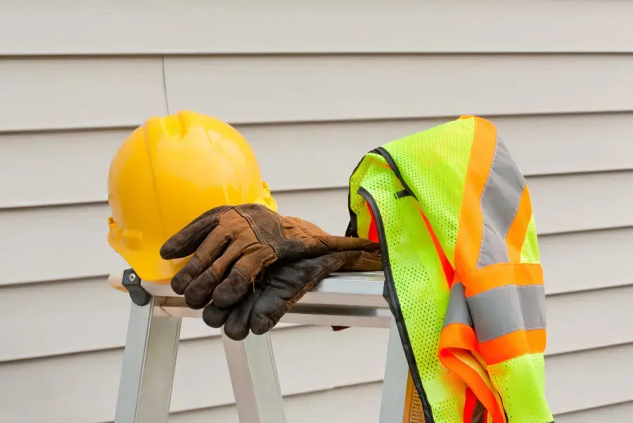 Safety vest, gloves and helmet on a safety culture ladder