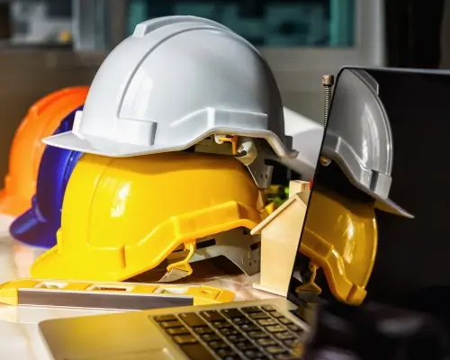 Safety helmets next to a laptop