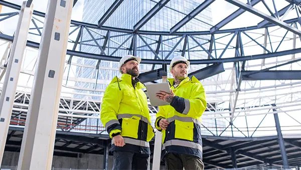 Dwóch inżynierów na placu budowy, realizujących  nadzór inwestorski nad realizacją robót budowlanych.