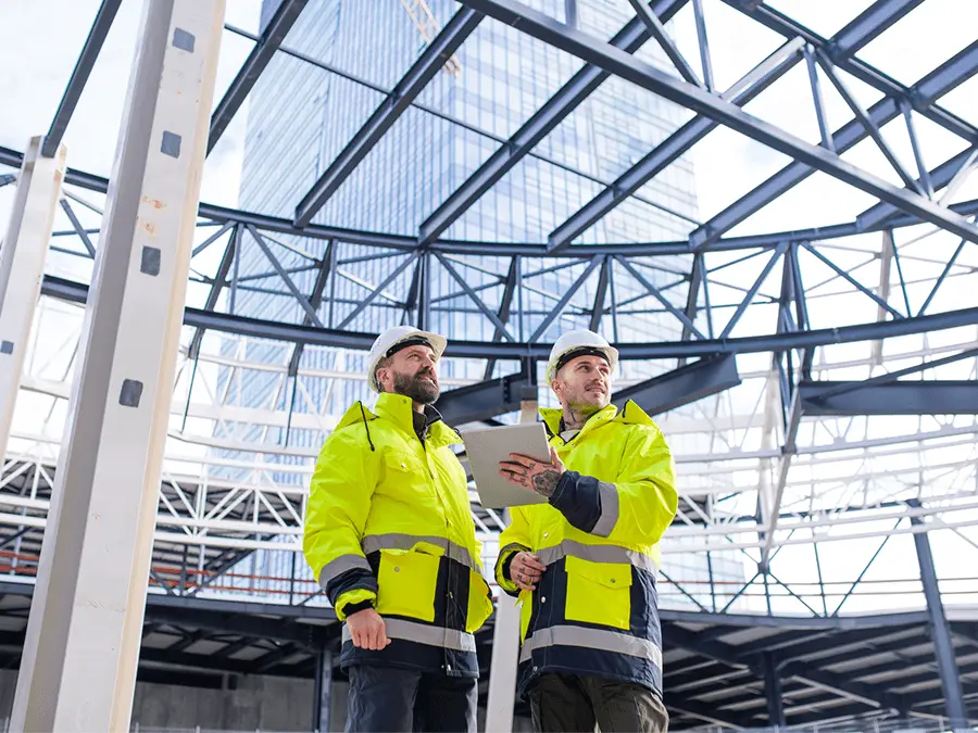 Inżynierowie na placu budowy konstrukcji stalowej. Nadzór inwestorski nad realizacją robót budowlanych.