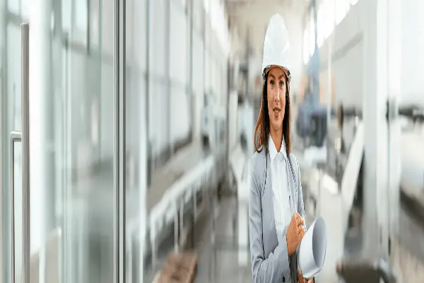 Inżynier w kasku ochronnym trzymający dokumentację projektową. Sporządzanie opinii technicznych.