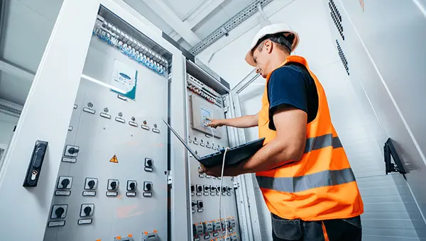 Specjalista wykonujący przegląd instalacji elektrycznej w budynku. Okresowa kontrola bezpieczeństwa, sprawności i zgodności instalacji elektrycznych.