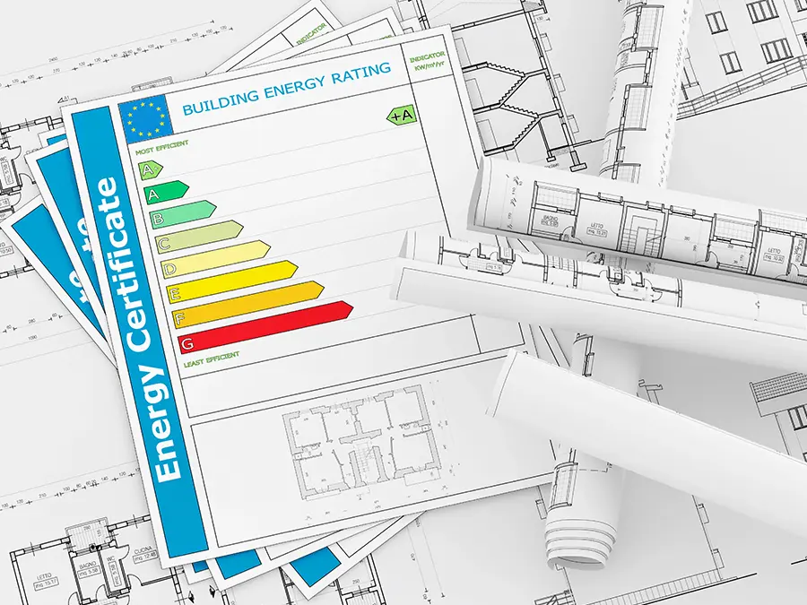 Świadectwo charakterystyki energetycznej budynku na tle dokumentacji technicznej i planów architektonicznych. Świadectwo charakterystyki energetycznej budynku na tle dokumentacji technicznej i planów architektonicznych.