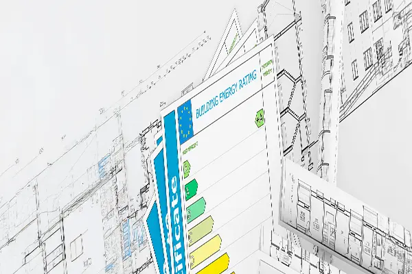 Świadectwo charakterystyki energetycznej budynku na tle dokumentacji technicznej i planów architektonicznych.