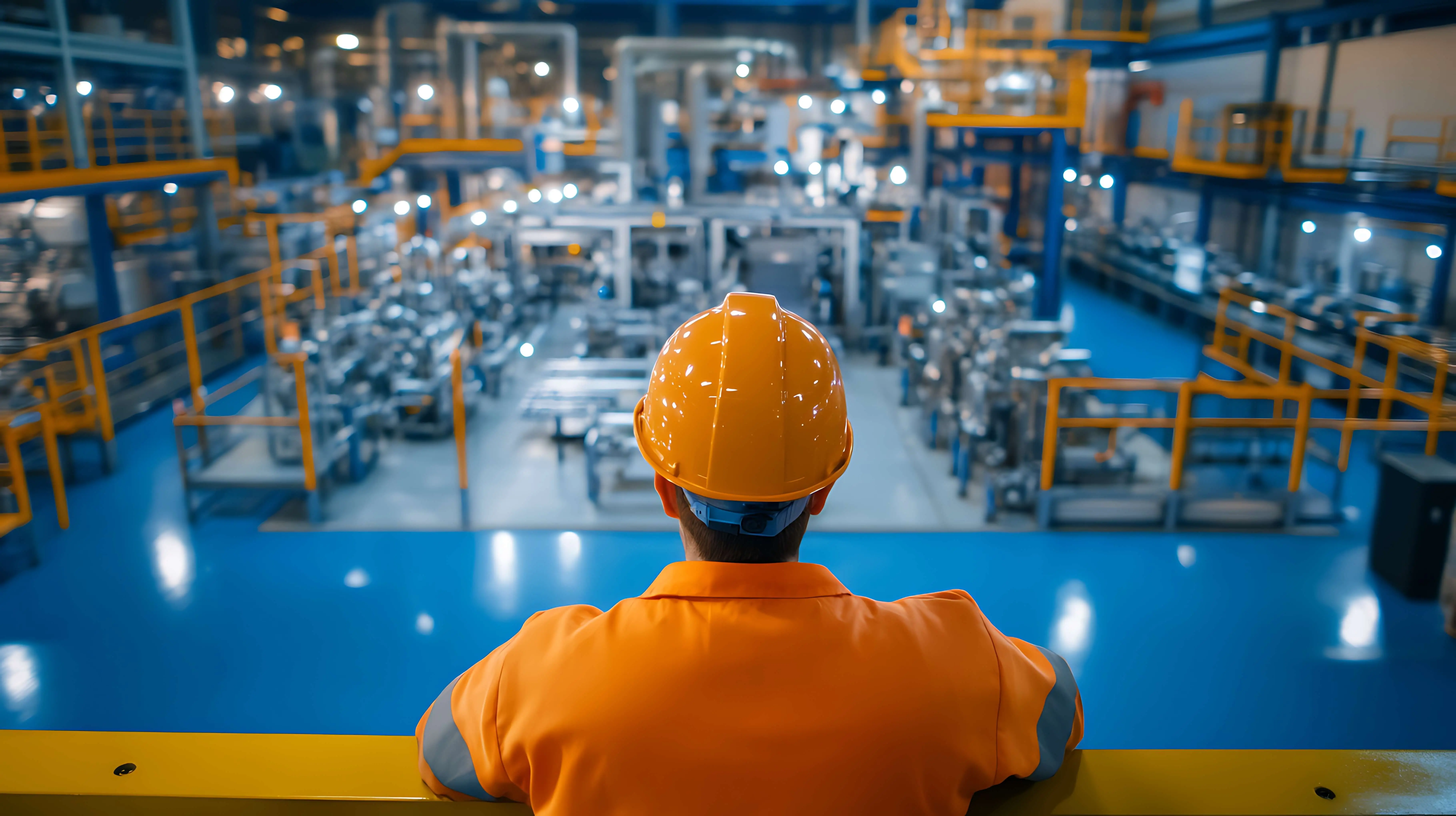 Symbolbild Lieferantenbewertung: Mitarbeitender mit Schutzhelm inspiziert Produktionshalle Symbolbild Lieferantenbewertung: Mitarbeitender mit Schutzhelm inspiziert Produktionshalle