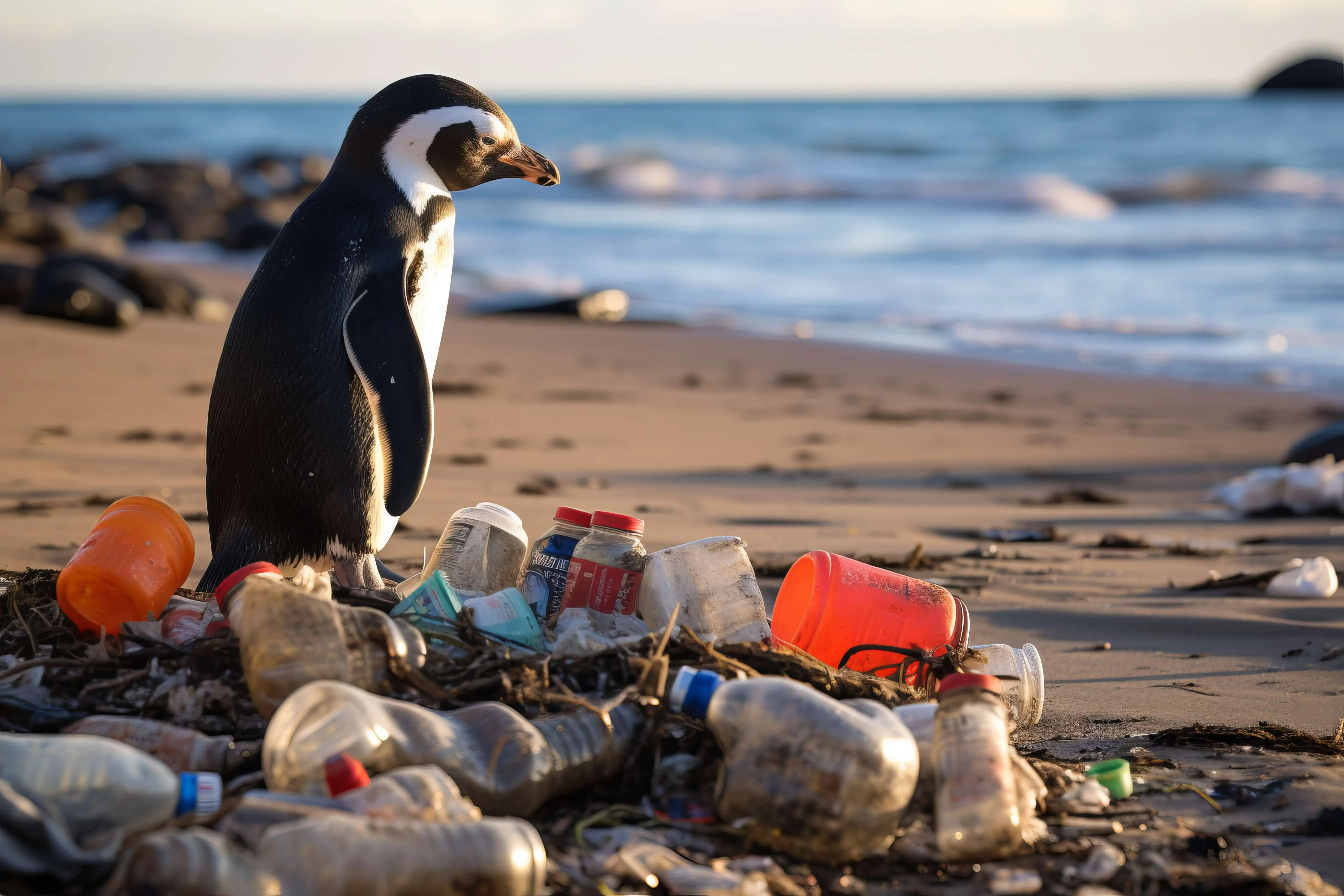 Penguin on plastic polluted beach Penguin on plastic polluted beach