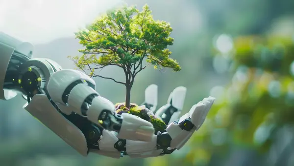 Robot hand holding tree