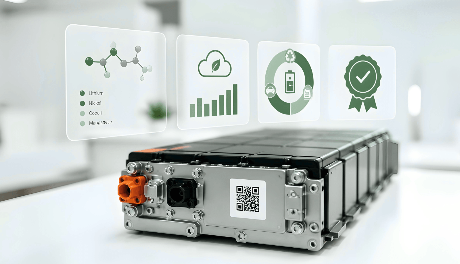 EV battery with QR code displaying digital data on materials, sustainability, lifecycle, and certification EV battery with QR code displaying digital data on materials, sustainability, lifecycle, and certification