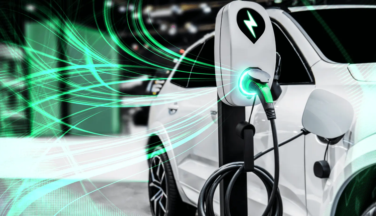 Electric vehicle charging at a DEKRA testing station with dynamic green energy lines symbolizing connectivity and safety in EV charging infrastructure.
