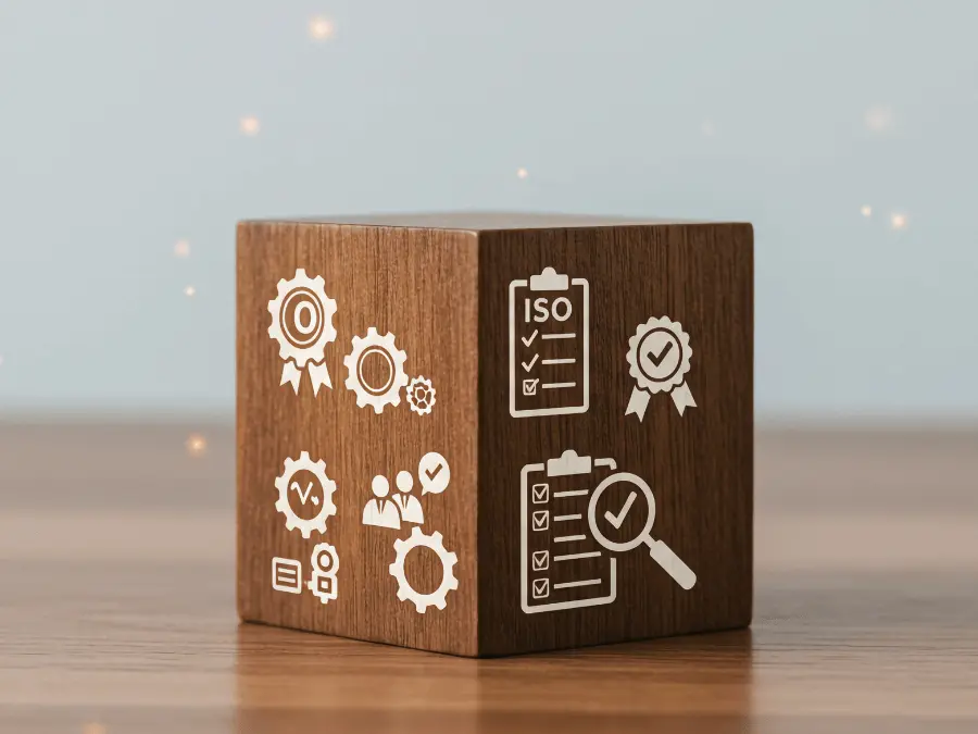 wooden cube with icons for ISO and checklists on it