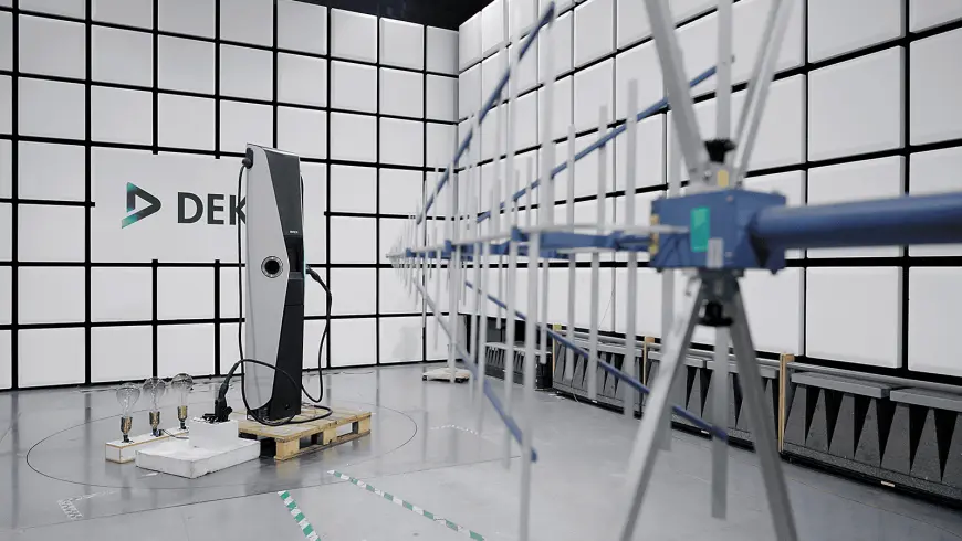 Electric vehicle charging station being measured for electromagnetic compatibility (EMC) with a directed antenna