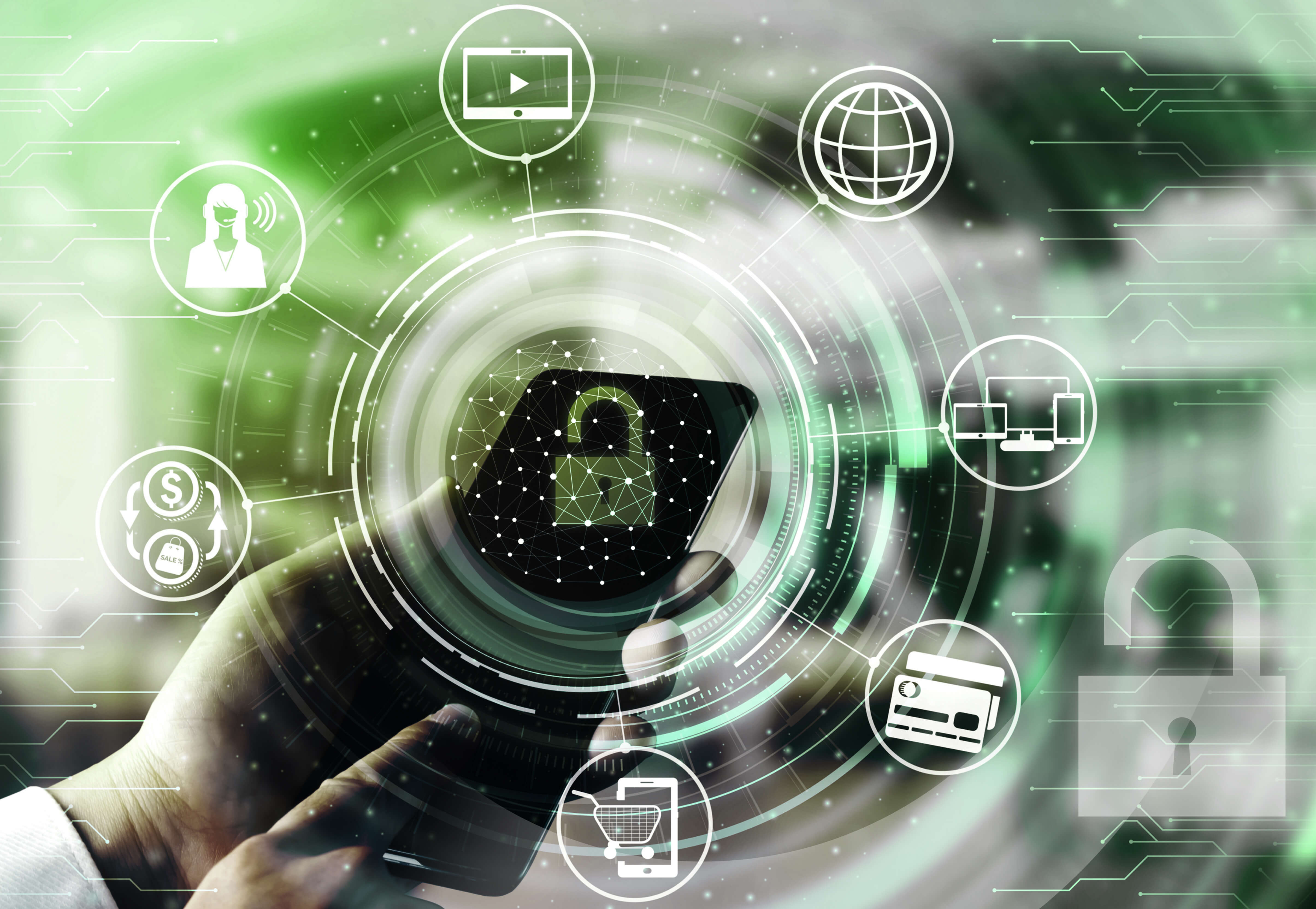 Phone surrounded by cybersecurity related icons