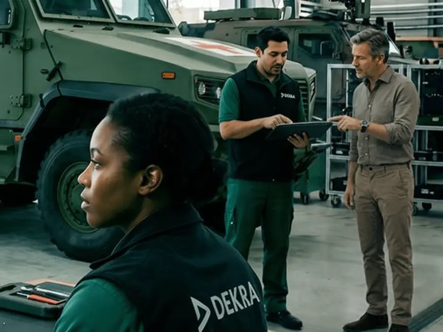 DEKRA employees conducting inspection and testing procedures in the area of defense