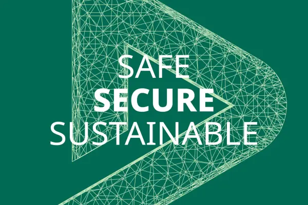 DEKRA logo with the words 'Safe, Secure, Sustainable' on a green background, representing the key themes of the annual report.