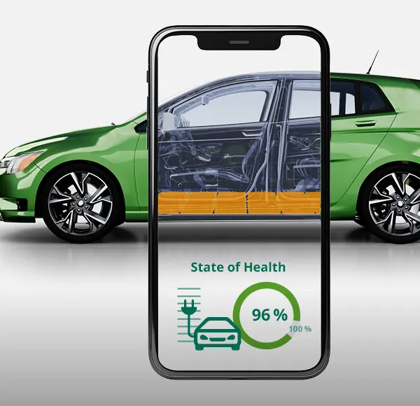 Green electric car with a smartphone in the foreground displaying a 96% battery health rating, highlighting DEKRA's battery testing technology.