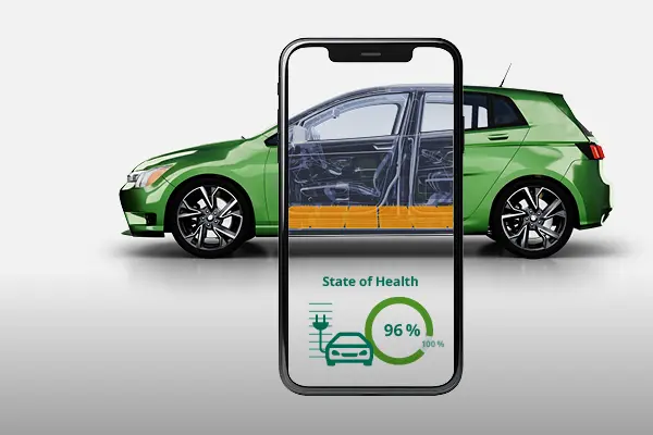 Green electric car with a smartphone in the foreground displaying a 96% battery health rating, highlighting DEKRA's battery testing technology.