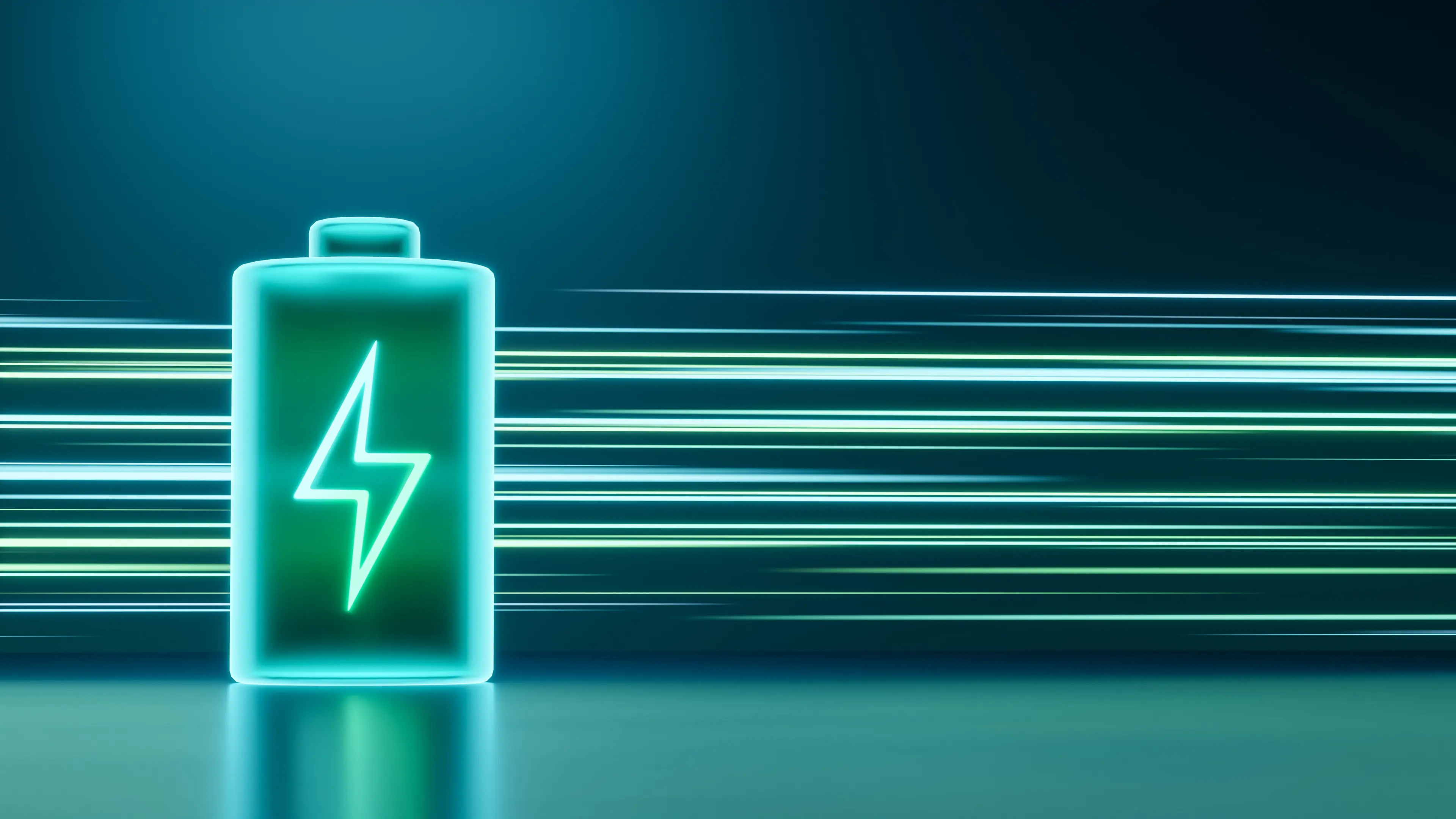 Green glowing battery icon with a lightning bolt symbol in a vibrant green light, against a dark background with streaks of neon lines Green glowing battery icon with a lightning bolt symbol in a vibrant green light, against a dark background with streaks of neon lines
