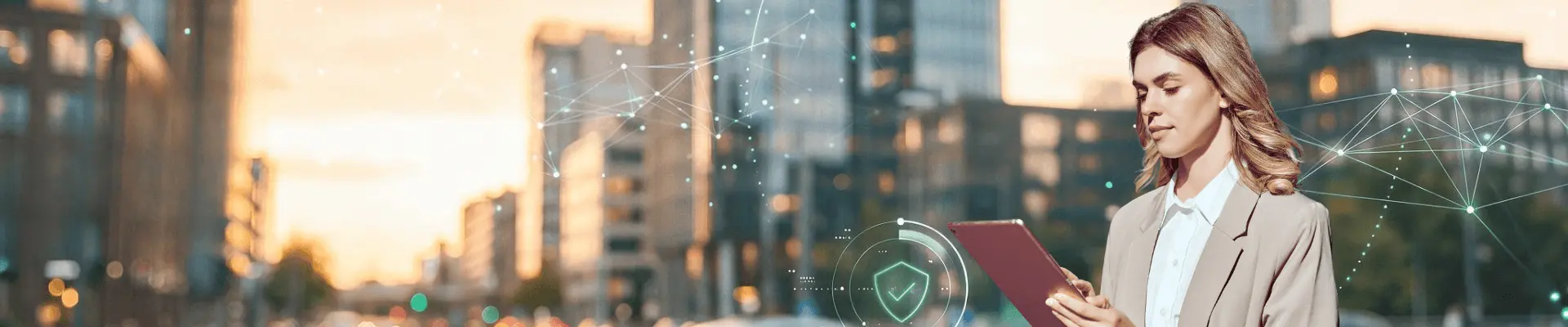 Woman holding a tablet with a city skyline and car in the background, with abstract digital connections representing connectivity and networking