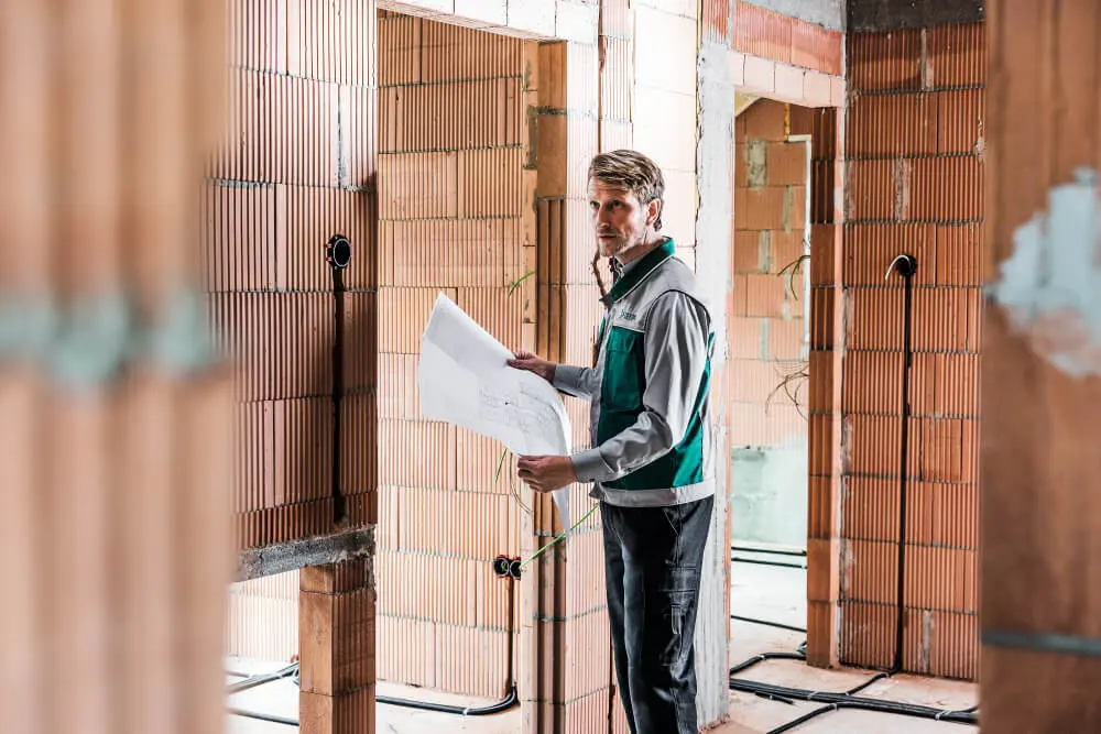 DEKRA expert inspecting structural fire safety measures at a construction site with blueprint in hand.