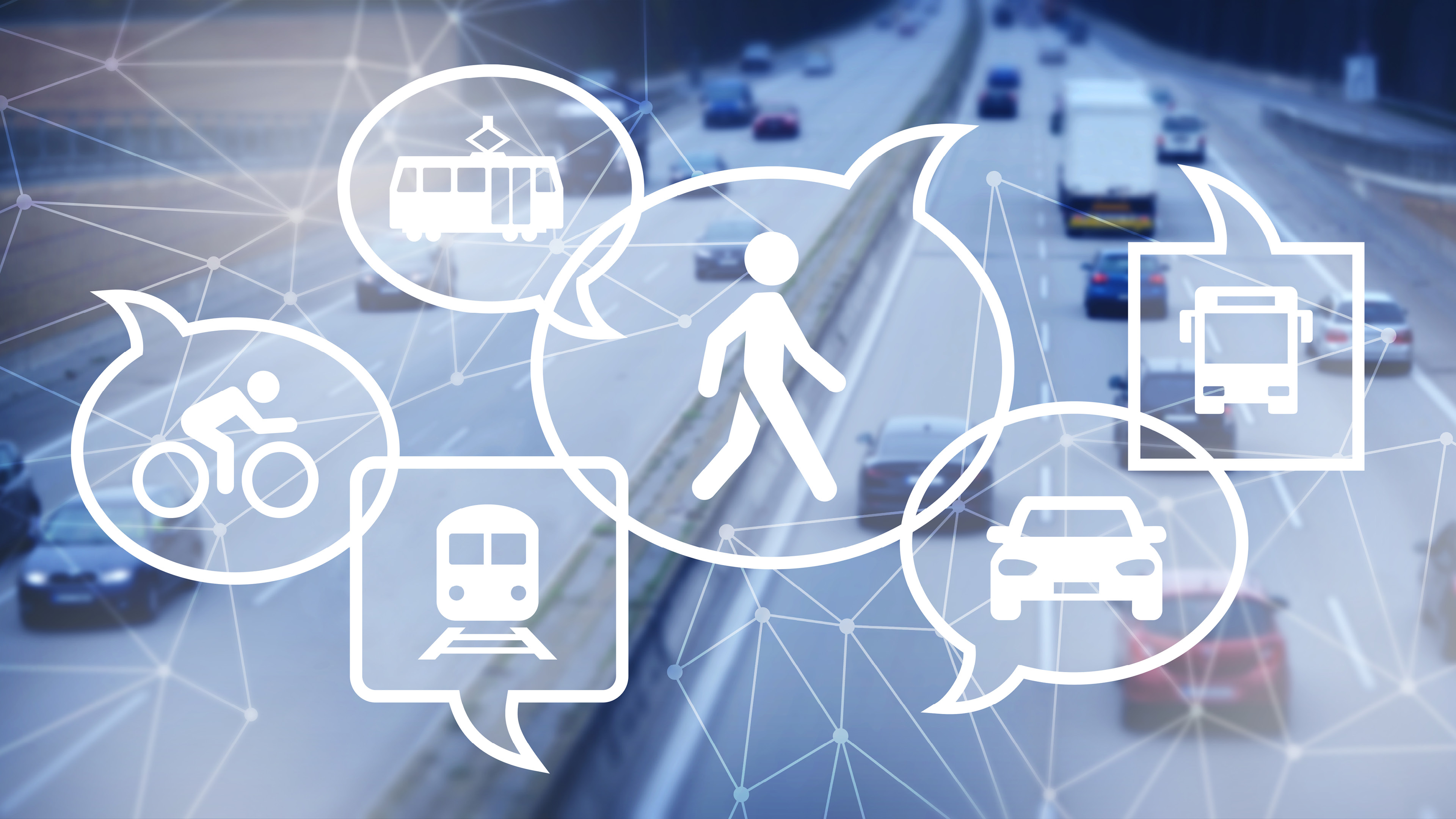 An illustration featuring a highway in the background with superimposed icons representing pedestrians, cars, buses, trains, and bicycles. An illustration featuring a highway in the background with superimposed icons representing pedestrians, cars, buses, trains, and bicycles.