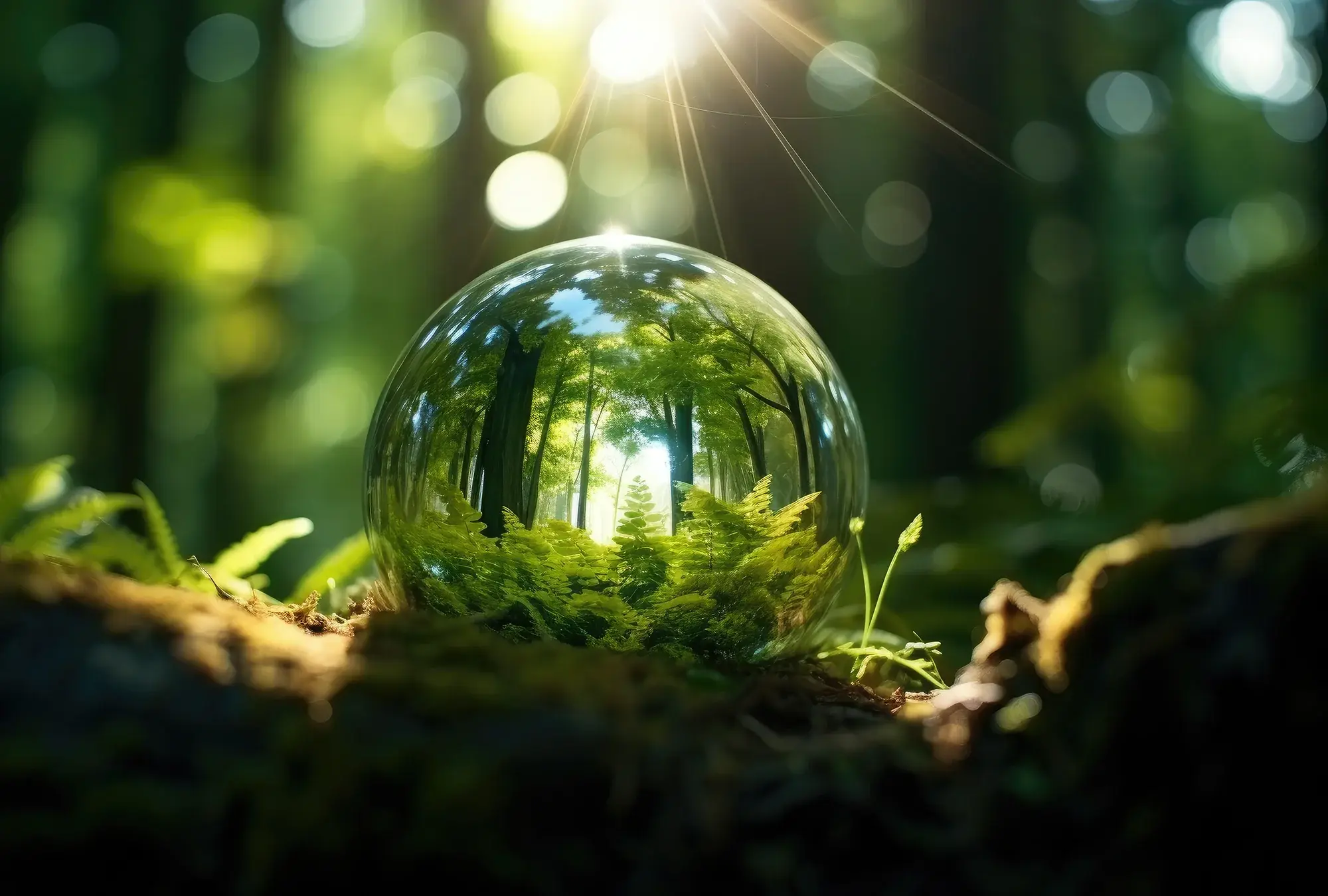 The sphere reflects the natural surroundings