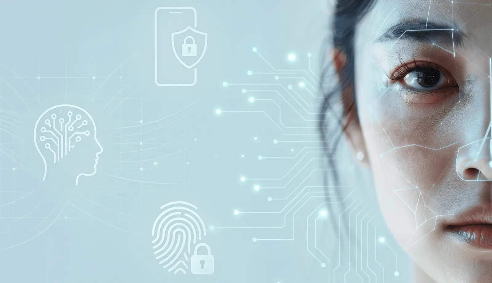 Digital illustration of a human face with digital cyber lines and surrounding technology symbols, representing digital trust and cybersecurity