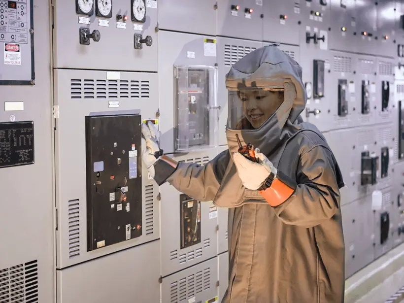 A smiling woman wearing a protective arc flash suit with a face shield and work gloves operating a panel in an electrical substation, holding a walkie-talkie, and the setting is illuminated with blue lighting.