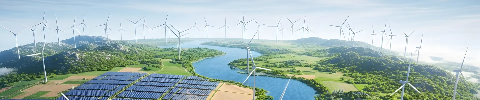 Landscape with solar panel and wind turbines
