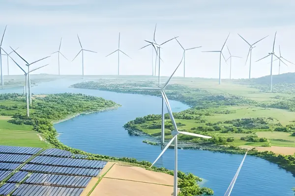 Landscape with solar panel and wind turbines
