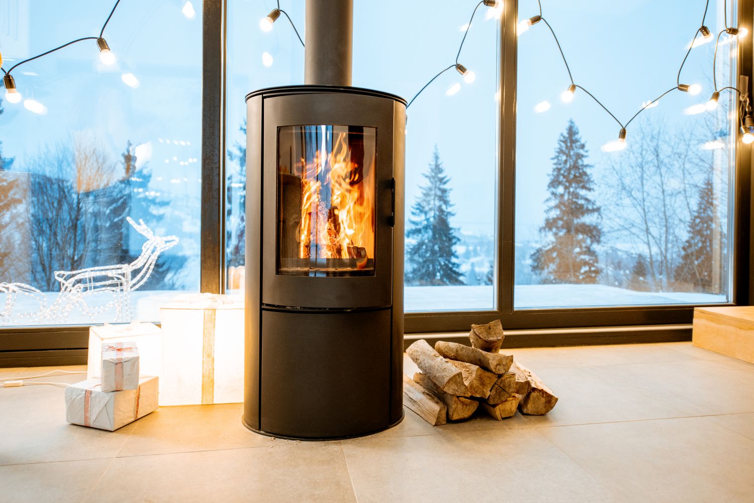 Fireplace in front of a snowy landscape Fireplace in front of a snowy landscape