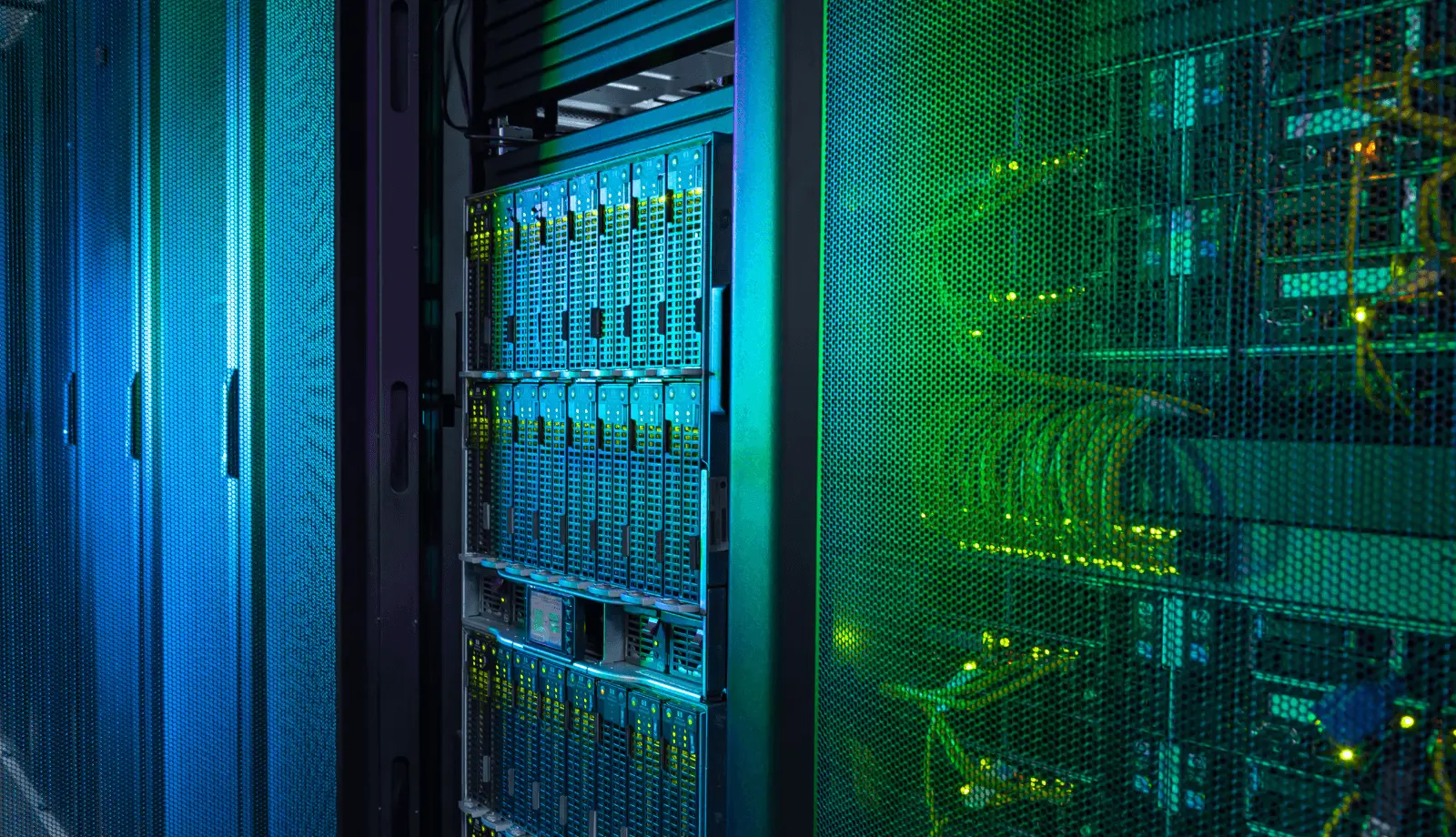 Rack Servers and a network of servers at a data center with blue and green lights.