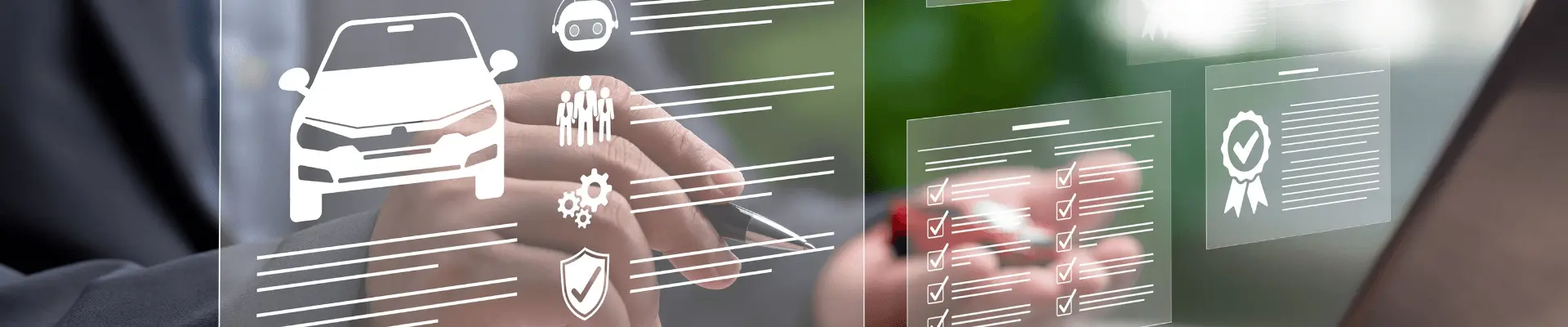 A person sits in front of a laptop, with only their hands visible. Three transparent, floating digital screens appear above the laptop, displaying a vehicle, a certification checklist, and various other icons.