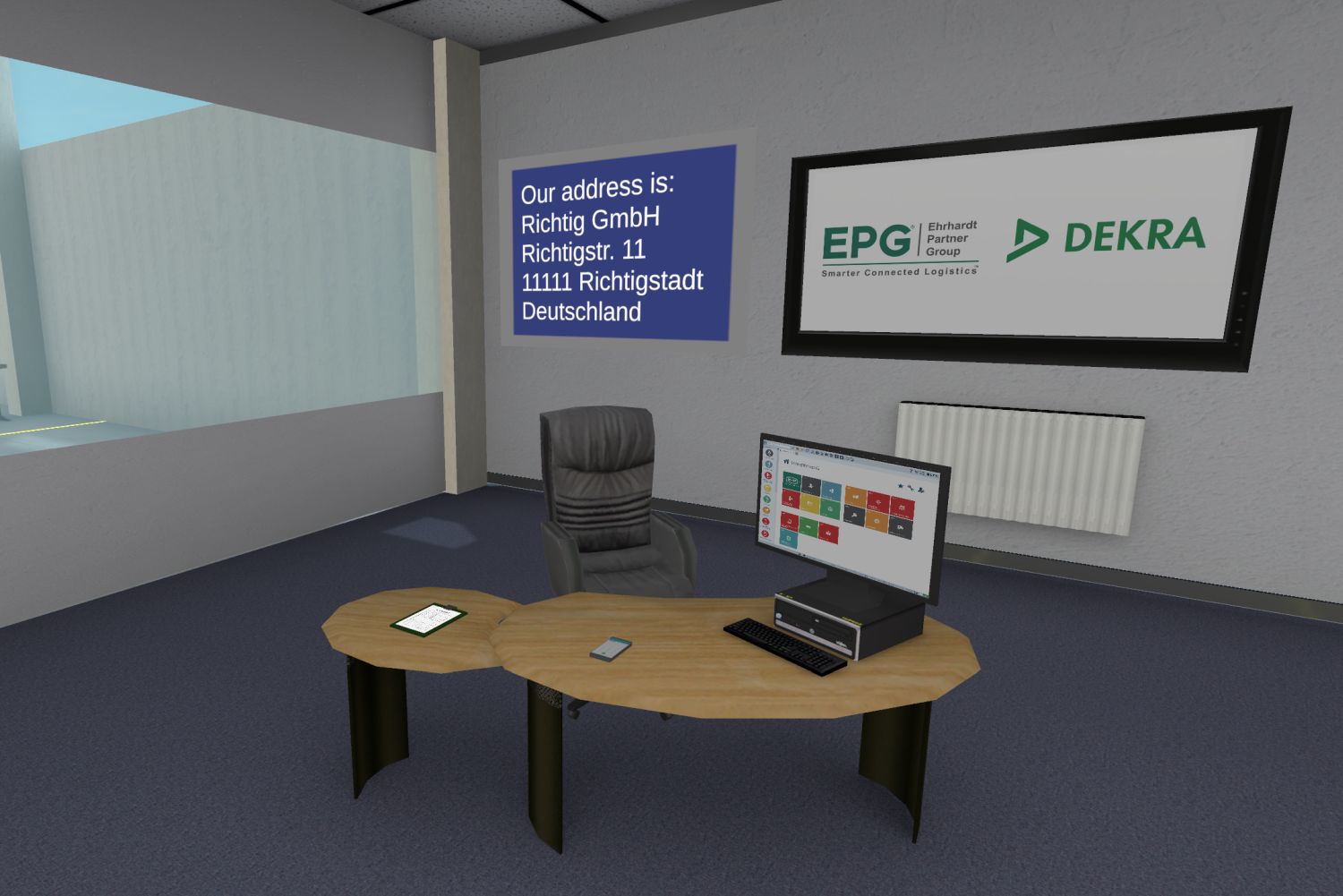 Die VR-Anwendung zur Warenannahme bildet eine realistische Umgebung ab. Das Spiel startet im Büro. Foto: Fraunhofer IML