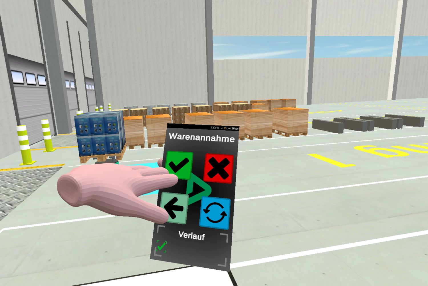 Stellt der Spieler bei der Warenannahme einen Fehler fest, kontaktiert er via Smartphone einen Vorgesetzten. Foto: Fraunhofer IML