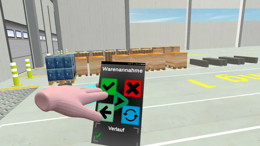 If the player detects an error when receiving goods, he contacts a supervisor via smartphone. Photo: Fraunhofer IML