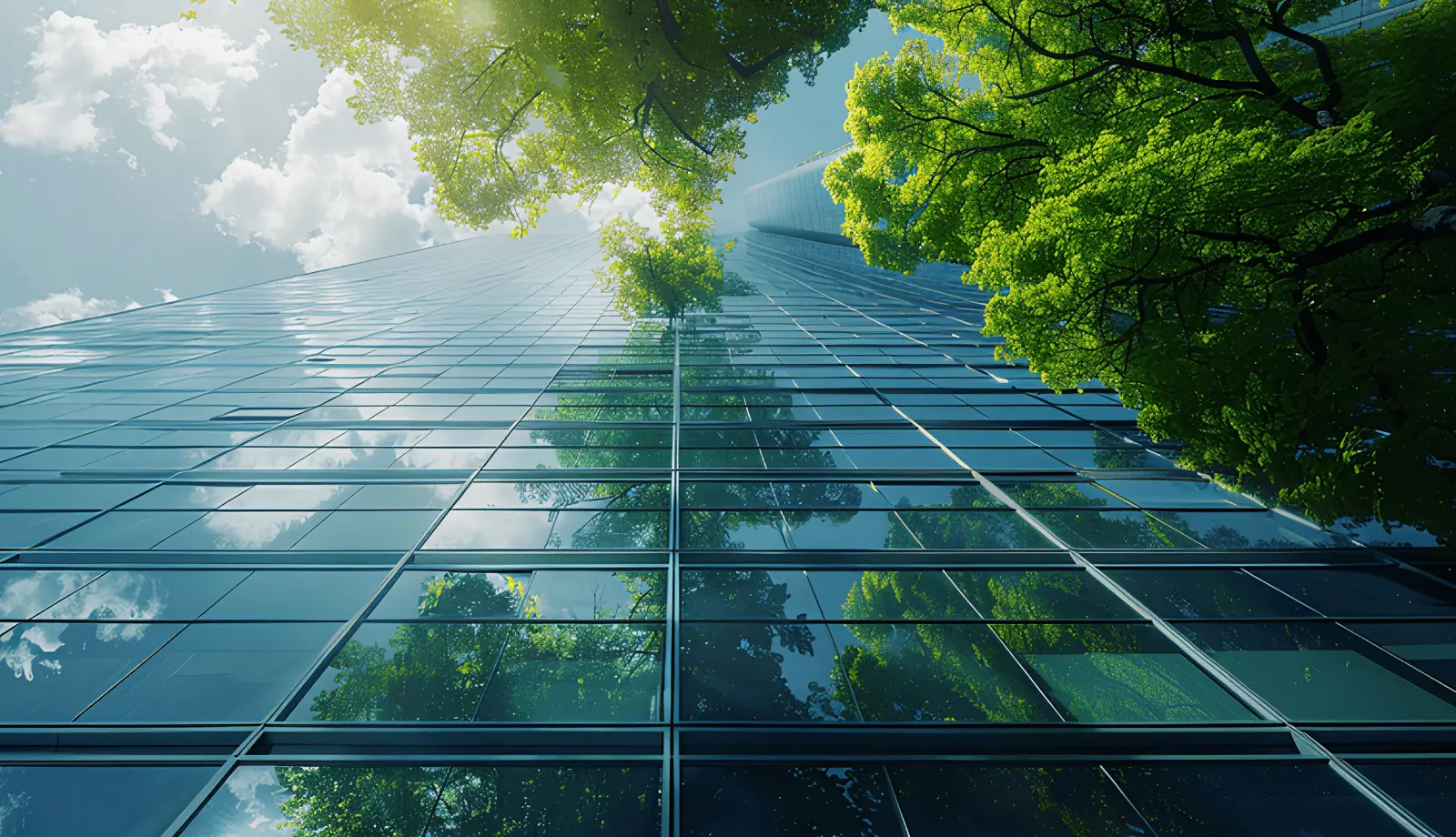 business buidling with glass front and green plants in front of it