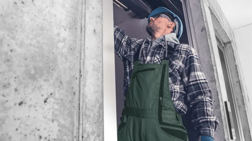 Construction worker in green overalls, blue hard hat, and safety glasses reaching upwards, inspecting overhead structure inside an elevator shaft