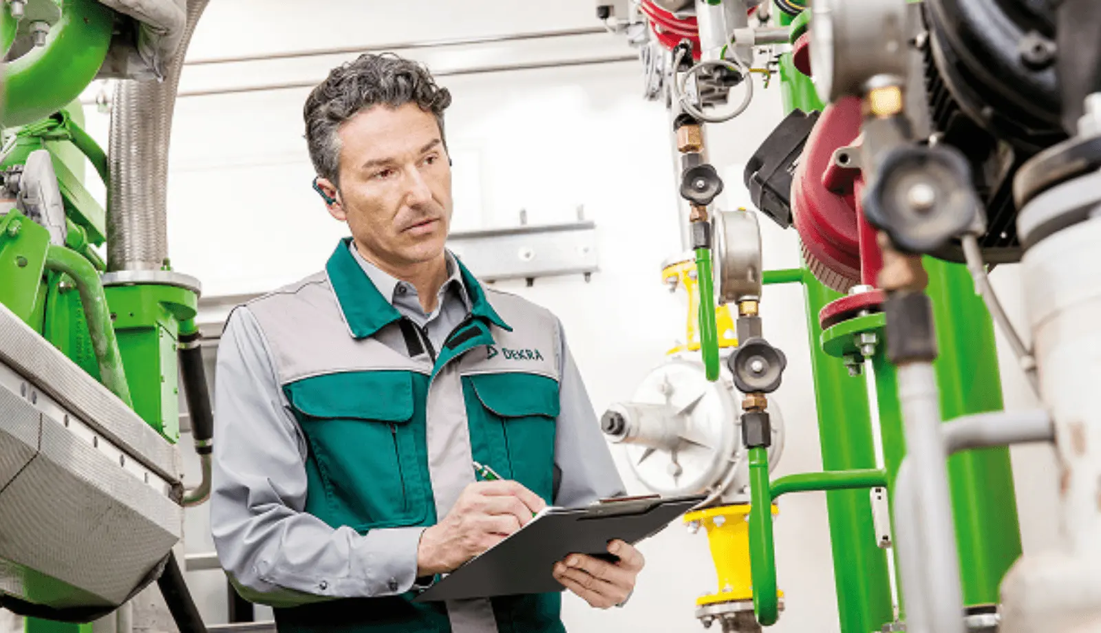 A DEKRA expert is inspecting pipes and valves in a room at an industrial facility