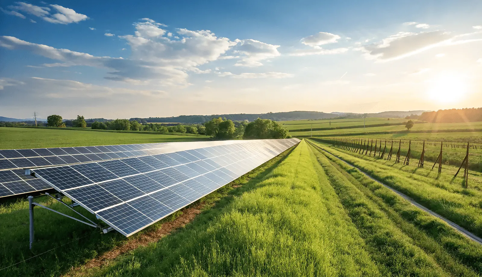 A long row of solar panels is gleaming in a green field at sunset.