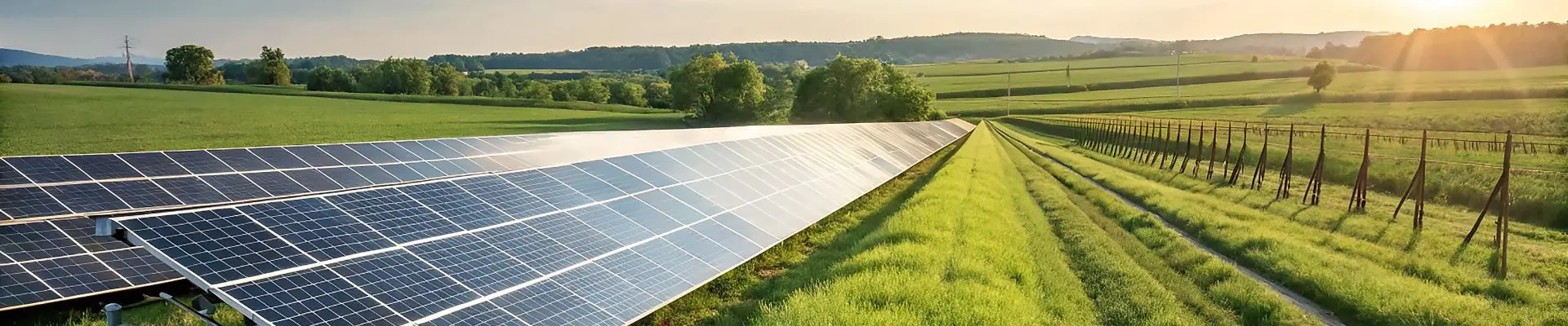 A long row of solar panels is gleaming in a green field at sunset.