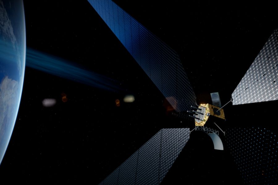 Illustration of a European Space Agency (ESA) satellite with solar modules for the collection of solar energy.